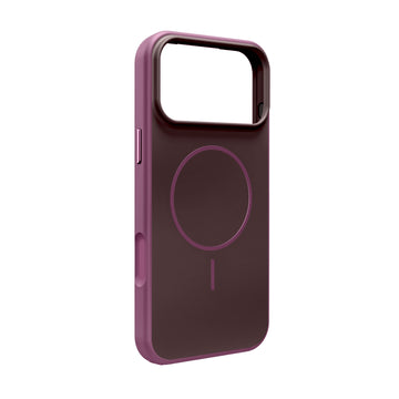 Two-tone Blend Mag case for iPhone 18 Pro/17 Pro, compatible with MagSafe, with a soft-touch finish and metallic-effect buttons – Deep Cherry