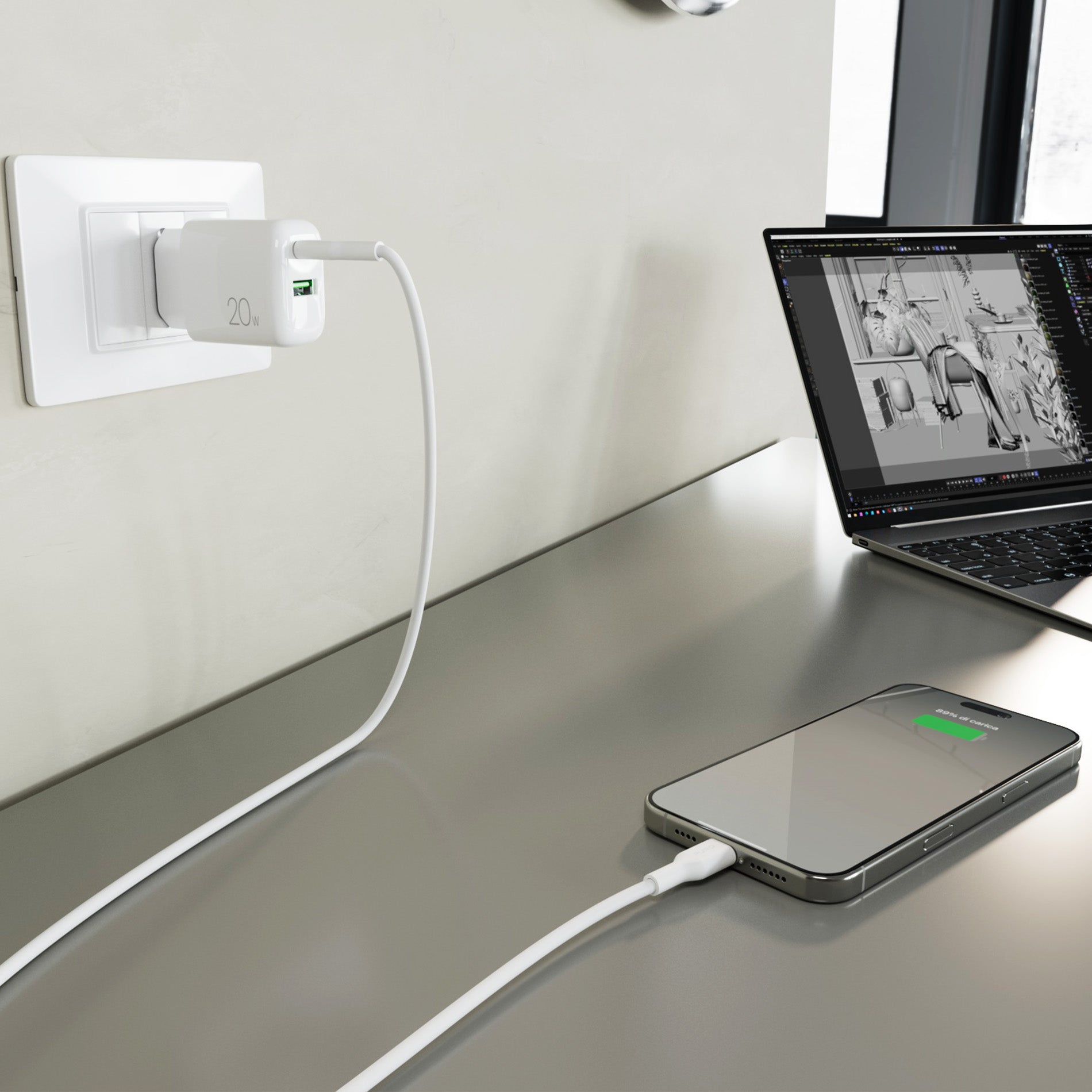 Kit d’alimentation : chargeur quotidien 1 port USB-A et 1 port USB-C + câble USB-C